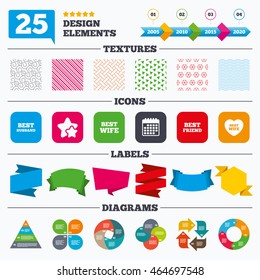 Offer sale tags, textures and charts. Best wife, husband and friend icons. Heart love signs. Award symbol. Sale price tags. Vector
