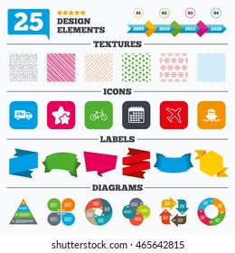 Offer sale tags, textures and charts. Cargo truck and shipping icons. Shipping and eco bicycle delivery signs. Transport symbols. 24h service. Sale price tags. Vector