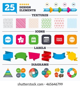 Offer sale tags, textures and charts. Sale speech bubble icon. Thank you symbol. Bonus star circle sign. Big sale shopping bag. Sale price tags. Vector