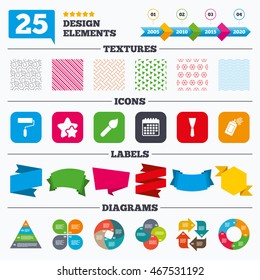 Offer sale tags, textures and charts. Paint roller, brush icons. Spray can and Spatula signs. Wall repair tool and painting symbol. Sale price tags. Vector