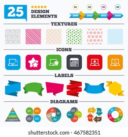 Offer sale tags, textures and charts. Notebook laptop pc icons. Virus or software bug signs. Shield protection symbol. Mouse cursor pointer. Sale price tags. Vector