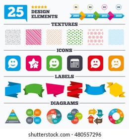 Offer sale tags, textures and charts. Speech bubble smile face icons. Happy, sad, cry signs. Happy smiley chat symbol. Sadness depression and crying signs. Sale price tags. Vector