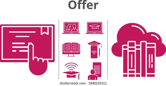 offer set. included cloud, professor, study, ebook, cap, student-laptop, smartphone, touchscreen icons. filled styles.