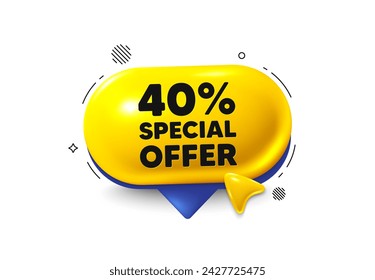 Offer speech bubble 3d icon. 40 percent discount offer tag. Sale price promo sign. Special offer symbol. Discount chat offer. Speech bubble cursor banner. Text box balloon. Vector