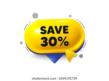 Icono de burbuja de voz 3d. Ahorre un 30% en etiquetas. Signo de precio de oferta de descuento de venta. Símbolo de oferta especial. Oferta de chat con descuento. Banner del cursor de burbuja de voz. Globo de cuadro de texto. Vector