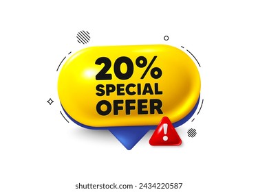 Offer speech bubble 3d icon. 20 percent discount offer tag. Sale price promo sign. Special offer symbol. Discount chat offer. Speech bubble danger alert banner. Text box balloon. Vector