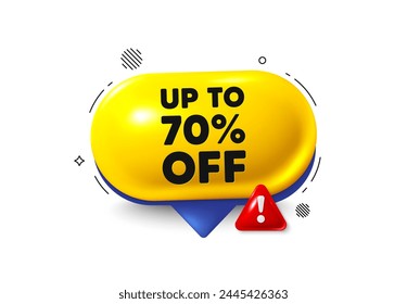Icono de burbuja de voz 3d. Hasta un 70 por ciento de descuento. Precio de oferta de descuento. Símbolo de oferta especial. Guardar 70 porcentajes. Oferta de chat con etiqueta de descuento. Anuncio de alerta de peligro de burbuja de habla. Vector