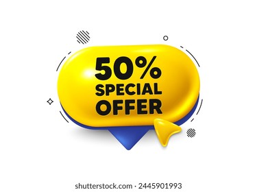 Offer speech bubble 3d icon. 50 percent discount offer tag. Sale price promo sign. Special offer symbol. Discount chat offer. Speech bubble cursor banner. Text box balloon. Vector