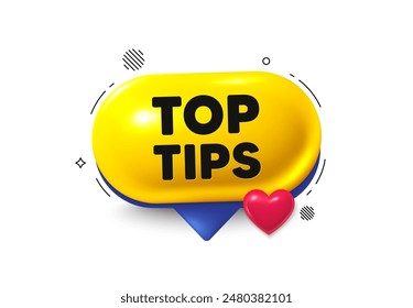 Offer speech bubble 3d icon. Top tips tag. Education faq sign. Best help assistance. Top tips chat offer. Speech bubble love banner. Text box balloon. Vector