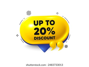 Offer speech bubble 3d icon. Up to 20 percent discount. Sale offer price sign. Special offer symbol. Save 20 percentages. Discount tag chat offer. Speech bubble quotation banner. Vector