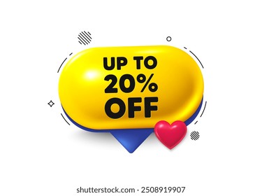 Oferta de burbuja de discurso icono 3d. Hasta un 20 por ciento de descuento. Muestra de Precio de oferta de descuento. Símbolo de oferta especial. Guardar 20 porcentajes. Oferta de chat con etiqueta de descuento. Anuncio de amor de la burbuja del discurso. Vector