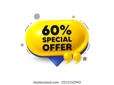 Ícone de balão de fala 3d. etiqueta de oferta de desconto de 60%. Sinal de promoção de preço de venda. Símbolo de oferta especial. Oferta de bate-papo com desconto. Faixa de citação de balão de fala. Balão de caixa de texto. Vetor