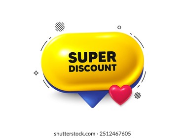 Oferta de burbuja de discurso icono 3d. Etiqueta de descuento estupendo. Señal de venta. Símbolo de Descuentos publicitarios. Super oferta de chat de descuento. Anuncio de amor de la burbuja del discurso. Globo de cuadro de texto. Vector