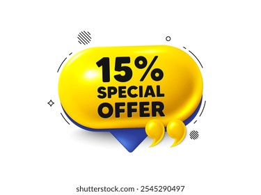 Offer speech bubble 3d icon. 15 percent discount offer tag. Sale price promo sign. Special offer symbol. Discount chat offer. Speech bubble quotation banner. Text box balloon. Vector