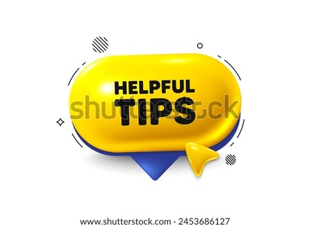 Offer speech bubble 3d icon. Helpful tips tag. Education faq sign. Help assistance symbol. Helpful tips chat offer. Speech bubble cursor banner. Text box balloon. Vector