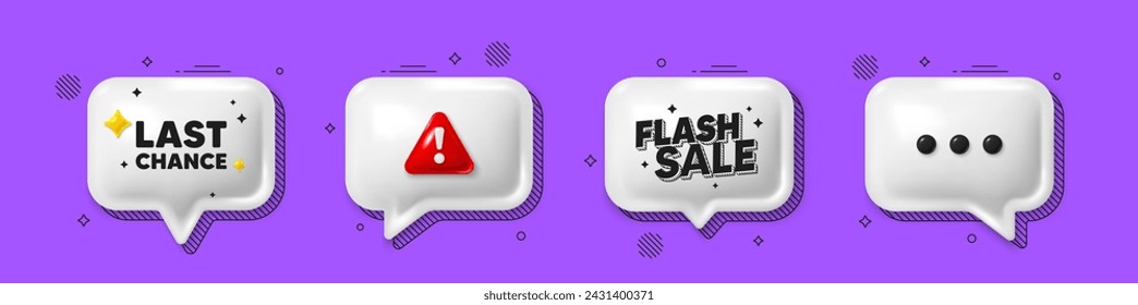 Ofrecer iconos de burbuja de voz 3d. Etiqueta de venta de última oportunidad. Signo de precio de oferta especial. Símbolo de descuentos publicitarios. Oferta de última oportunidad. Venta instantánea, alerta de peligro. Globo de cuadro de texto. Vector