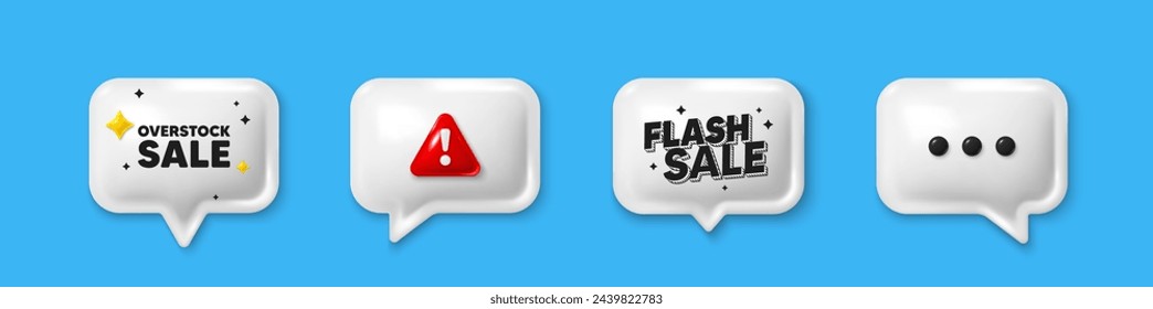 Offer speech bubble 3d icons. Overstock sale tag. Special offer price sign. Advertising discounts symbol. Overstock sale chat offer. Flash sale, danger alert. Text box balloon. Vector