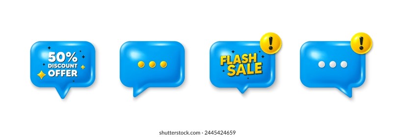Bieten Sie 3D-Symbole für Sprechblasen an. 50 Prozent Rabatt. Sale-Angebot Preis-Schild. Symbol für Sonderangebote. Rabatt-Chat-Angebot. Flash-Verkauf, Warnung vor Gefahren. Sprechblase des Textfelds. Vektorgrafik