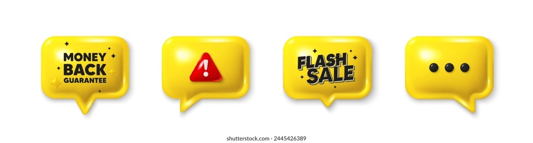 Offer speech bubble 3d icons. Money back guarantee tag. Promo offer sign. Advertising promotion symbol. Money back guarantee chat offer. Flash sale, danger alert. Text box balloon. Vector