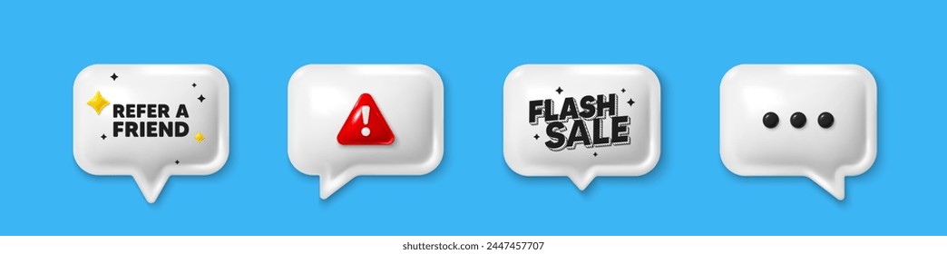 Offer speech bubble 3d icons. Refer a friend tag. Referral program sign. Advertising reference symbol. Refer friend chat offer. Flash sale, danger alert. Text box balloon. Vector