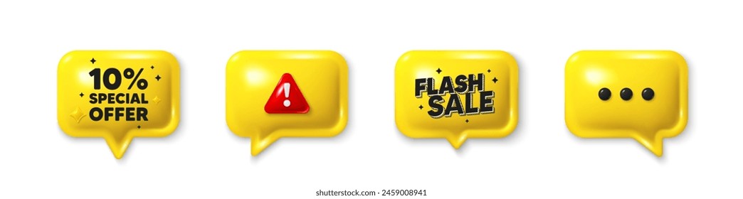 Offer speech bubble 3d icons. 10 percent discount offer tag. Sale price promo sign. Special offer symbol. Discount chat offer. Flash sale, danger alert. Text box balloon. Vector