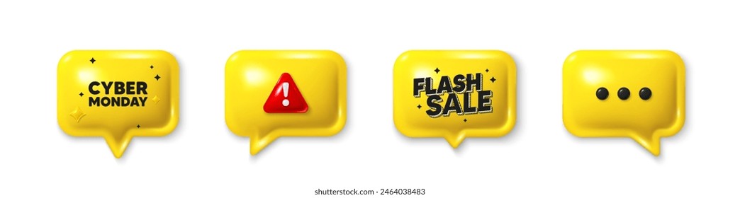 Offer speech bubble 3d icons. Cyber Monday Sale tag. Special offer price sign. Advertising Discounts symbol. Cyber monday chat offer. Flash sale, danger alert. Text box balloon. Vector