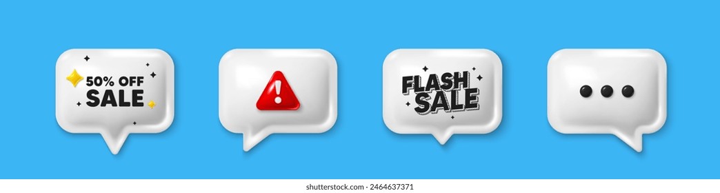 Offer speech bubble 3d icons. Sale 50 percent off discount. Promotion price offer sign. Retail badge symbol. Sale chat offer. Flash sale, danger alert. Text box balloon. Vector