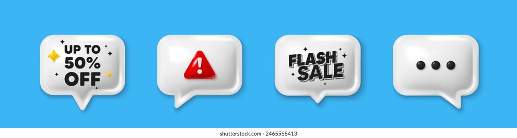 Offer speech bubble 3d icons. Up to 50 percent off sale. Discount offer price sign. Special offer symbol. Save 50 percentages. Discount tag chat offer. Flash sale, danger alert. Vector