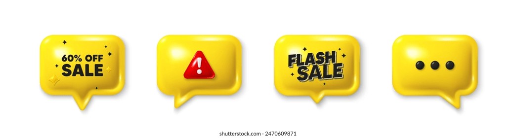 Offer speech bubble 3d icons. Sale 60 percent off discount. Promotion price offer sign. Retail badge symbol. Sale chat offer. Flash sale, danger alert. Text box balloon. Vector