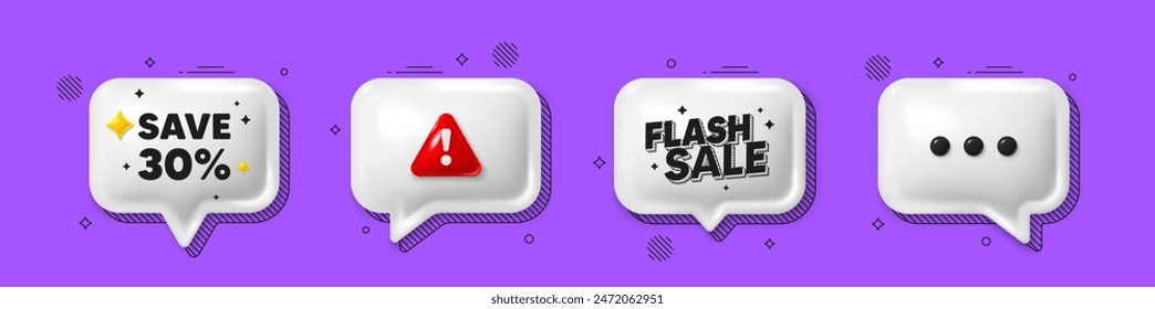 Offer speech bubble 3d icons. Save 30 percent off tag. Sale Discount offer price sign. Special offer symbol. Discount chat offer. Flash sale, danger alert. Text box balloon. Vector