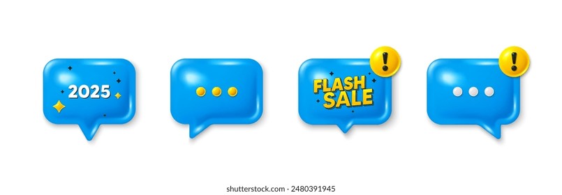 Offer speech bubble 3d icons. 2025 year icon. Event schedule annual date. 2025 annum planner. 2025 chat offer. Flash sale, danger alert. Text box balloon. Vector