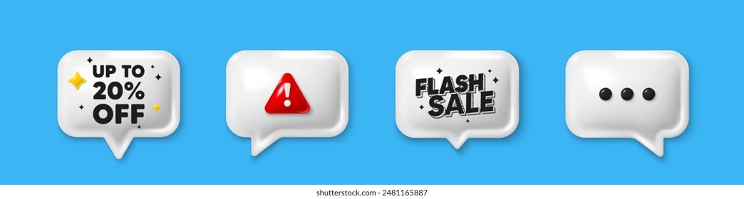 Offer speech bubble 3d icons. Up to 20 percent off sale. Discount offer price sign. Special offer symbol. Save 20 percentages. Discount tag chat offer. Flash sale, danger alert. Vector