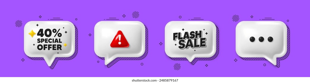 Offer speech bubble 3d icons. 40 percent discount offer tag. Sale price promo sign. Special offer symbol. Discount chat offer. Flash sale, danger alert. Text box balloon. Vector