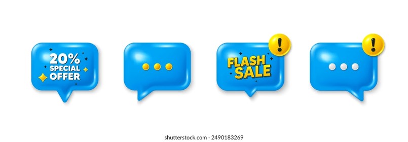 Offer speech bubble 3d icons. 20 percent discount offer tag. Sale price promo sign. Special offer symbol. Discount chat offer. Flash sale, danger alert. Text box balloon. Vector