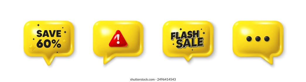 Ofrecer iconos 3d de la burbuja del discurso. Guardar 60 por ciento de descuento. Venta Descuento oferta signo de Precio. Símbolo de oferta especial. Oferta de chat con descuento. Venta rápida, alerta de peligro. Globo de cuadro de texto. Vector