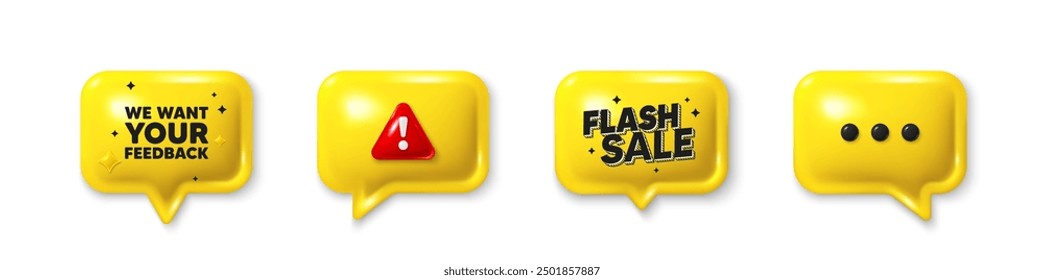 Sprachblasen-3D-Symbole anbieten. Wir möchten Ihr Feedback-Tag. Umfrage- oder Kundenmeinungszeichen. Client-Kommentar. Ihr Feedback-Chat-Angebot Schnellverkauf, Gefahrenmeldung. Textfeldblase. Vektorgrafik