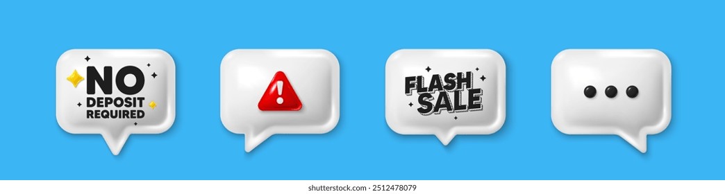 Offer speech bubble 3d icons. No deposit required tag. Promo offer sign. Advertising promotion symbol. No deposit required chat offer. Flash sale, danger alert. Text box balloon. Vector