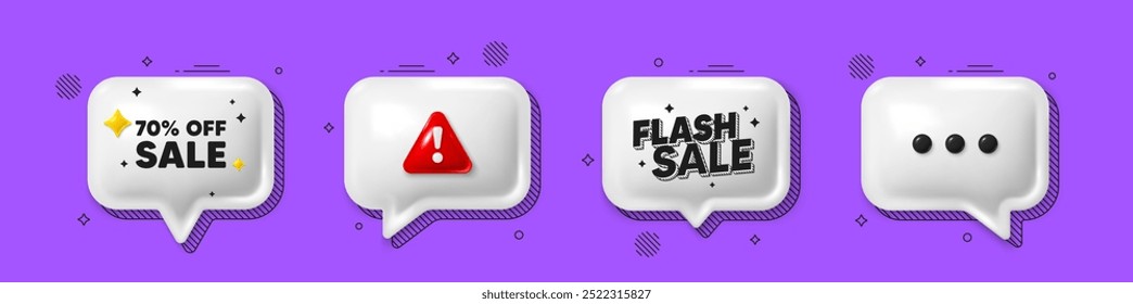 Offer speech bubble 3d icons. Sale 70 percent off discount. Promotion price offer sign. Retail badge symbol. Sale chat offer. Flash sale, danger alert. Text box balloon. Vector