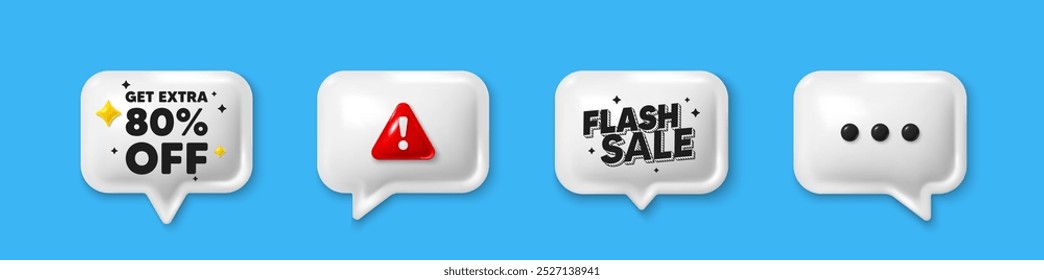 Offer speech bubble 3d icons. Get Extra 80 percent off Sale. Discount offer price sign. Special offer symbol. Save 80 percentages. Extra discount chat offer. Flash sale, danger alert. Vector