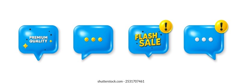 Offer speech bubble 3d icons. Premium quality tag. High product sign. Top offer symbol. Premium quality chat offer. Flash sale, danger alert. Text box balloon. Vector