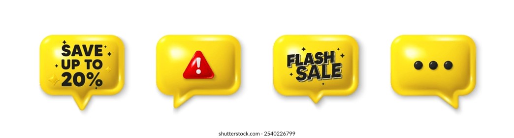 Offer speech bubble 3d icons. Save up to 20 percent tag. Discount Sale offer price sign. Special offer symbol. Discount chat offer. Flash sale, danger alert. Text box balloon. Vector