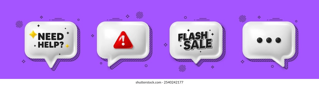 Oferecer ícones 3d de balão de fala. Precisa de ajuda. Sinal de serviço de suporte. Símbolo de informações de perguntas frequentes. Precisa de ajuda para conversar. Venda de flash, alerta de perigo. Balão de caixa de texto. Vetor