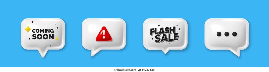 Offer speech bubble 3d icons. Coming soon tag. Promotion banner sign. New product release symbol. Coming soon chat offer. Flash sale, danger alert. Text box balloon. Vector