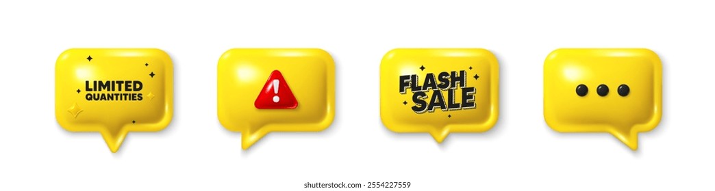 Offer speech bubble 3d icons. Limited quantities tag. Special offer sign. Sale promotion symbol. Limited quantities chat offer. Flash sale, danger alert. Text box balloon. Vector