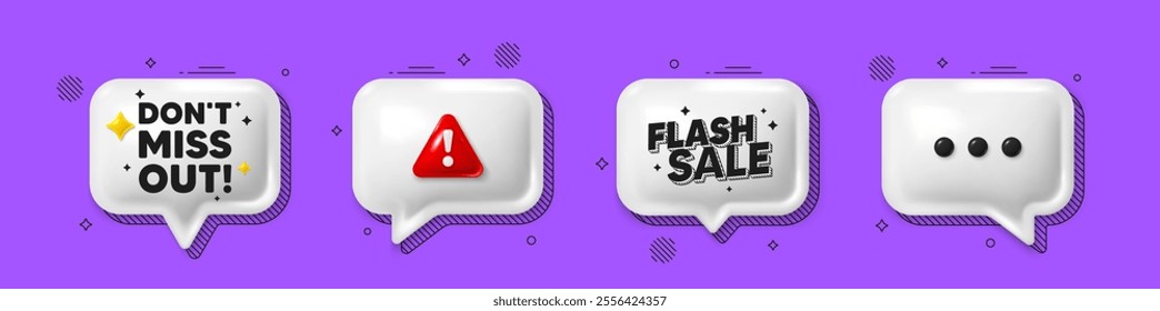 Offer speech bubble 3d icons. Dont miss out tag. Special offer price sign. Advertising discounts symbol. Miss out chat offer. Flash sale, danger alert. Text box balloon. Vector