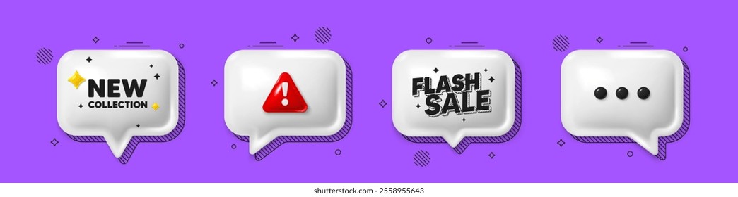 Offer speech bubble 3d icons. New collection tag. New fashion arrival sign. Advertising offer symbol. New collection chat offer. Flash sale, danger alert. Text box balloon. Vector