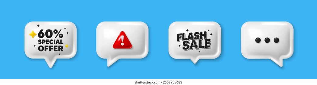 Offer speech bubble 3d icons. 60 percent discount offer tag. Sale price promo sign. Special offer symbol. Discount chat offer. Flash sale, danger alert. Text box balloon. Vector
