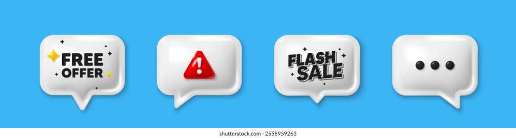 Offer speech bubble 3d icons. Free tag. Special offer sign. Sale promotion symbol. Free offer chat offer. Flash sale, danger alert. Text box balloon. Vector