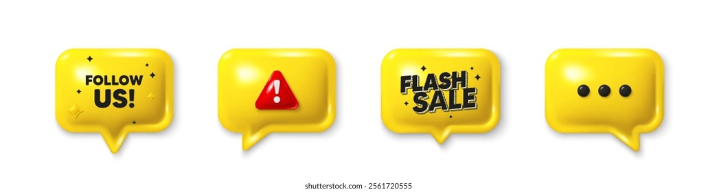 Offer speech bubble 3d icons. Follow us tag. Special offer sign. Super offer symbol. Follow us chat offer. Flash sale, danger alert. Text box balloon. Vector