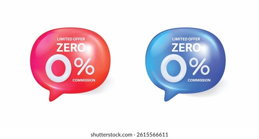 Offer speech bubble 3d icons. Zero percent discount offer tag. Sale price promo sign. Special offer symbol. Discount chat offer.